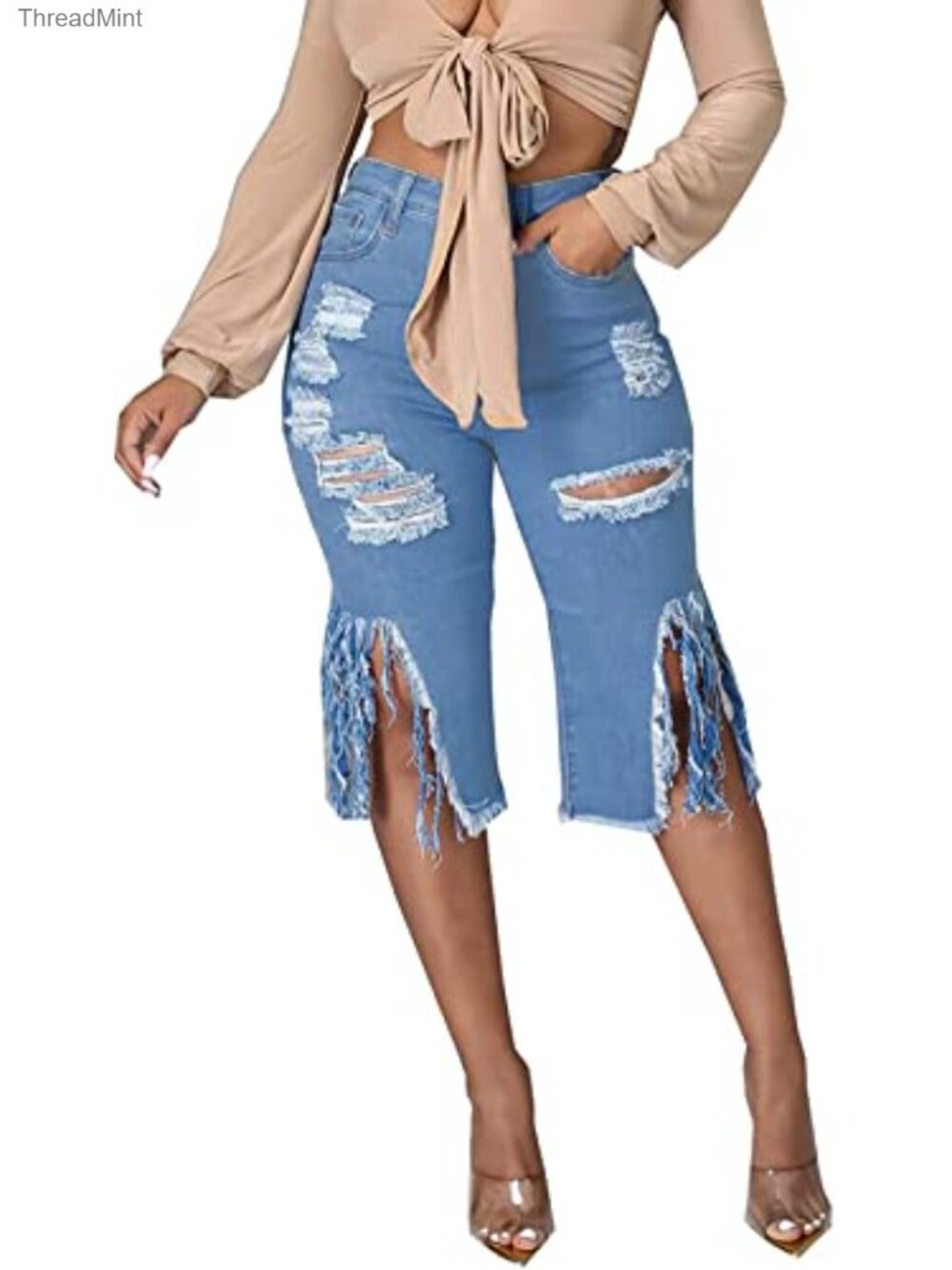High Waisted Ripped Jean Shorts Stretchy Frayed Denim Bermuda